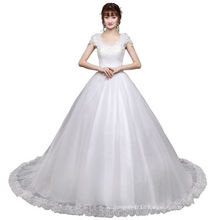 2019 Long Tail Cap Sleeves O-neck Appliqued Wedding Gown Elegant Lace Hem Ball Gown Frock Design for Bride Use